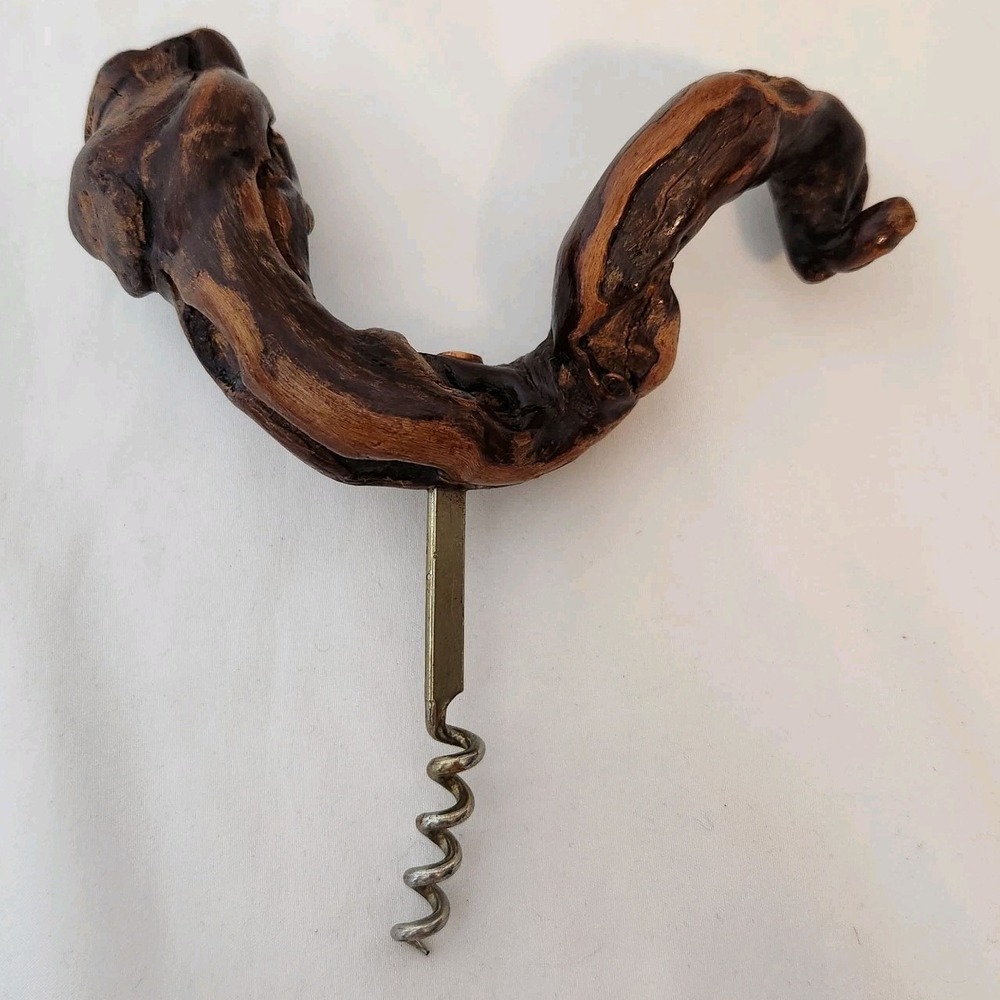 Vintage Hand Carved Wood Handle Corkscrew Rustic Folk Art Grapevine Root Style